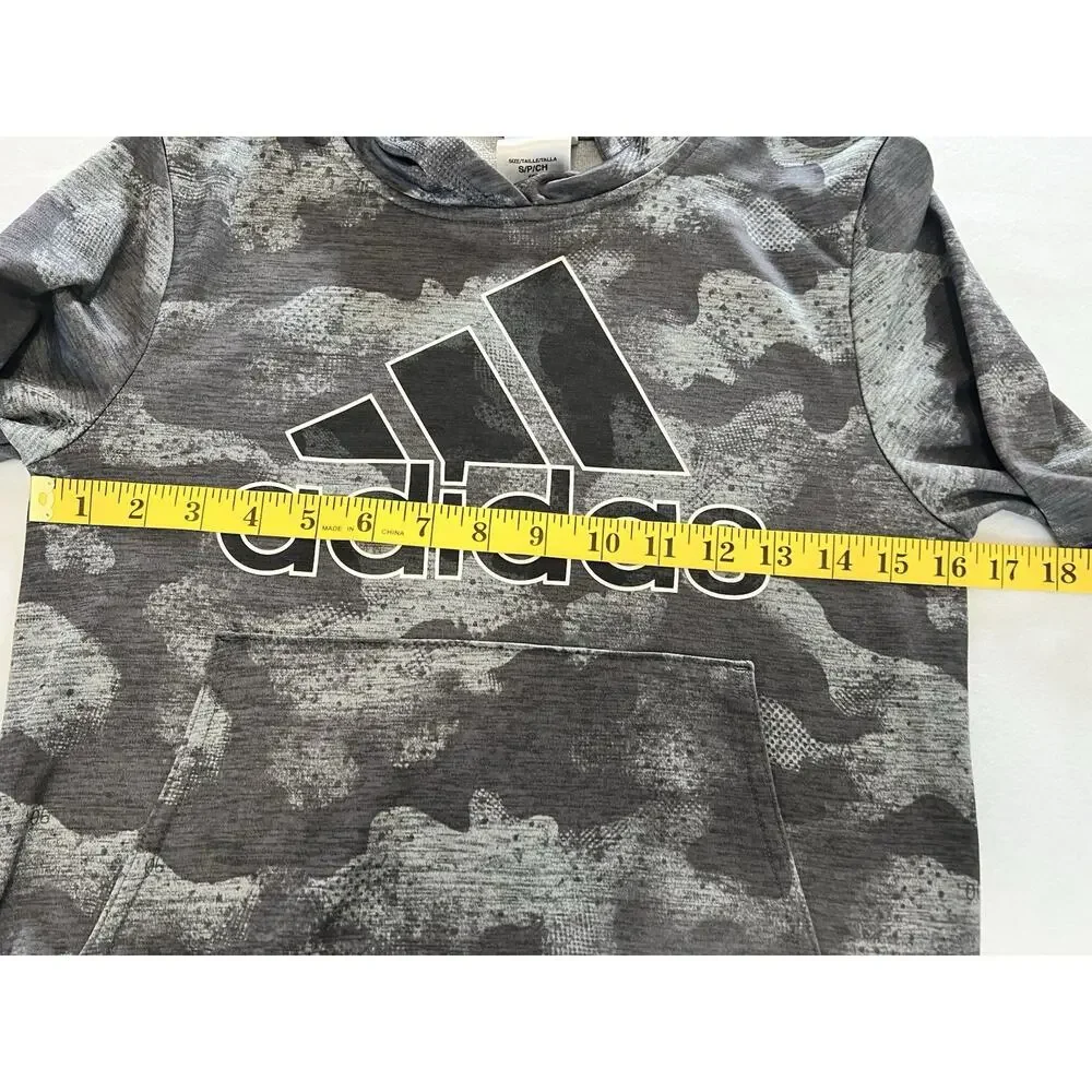 Adidas Boys Size 8 Gray/Black Camo Pullover Hoodie Fleece Polyester Logo Pockets